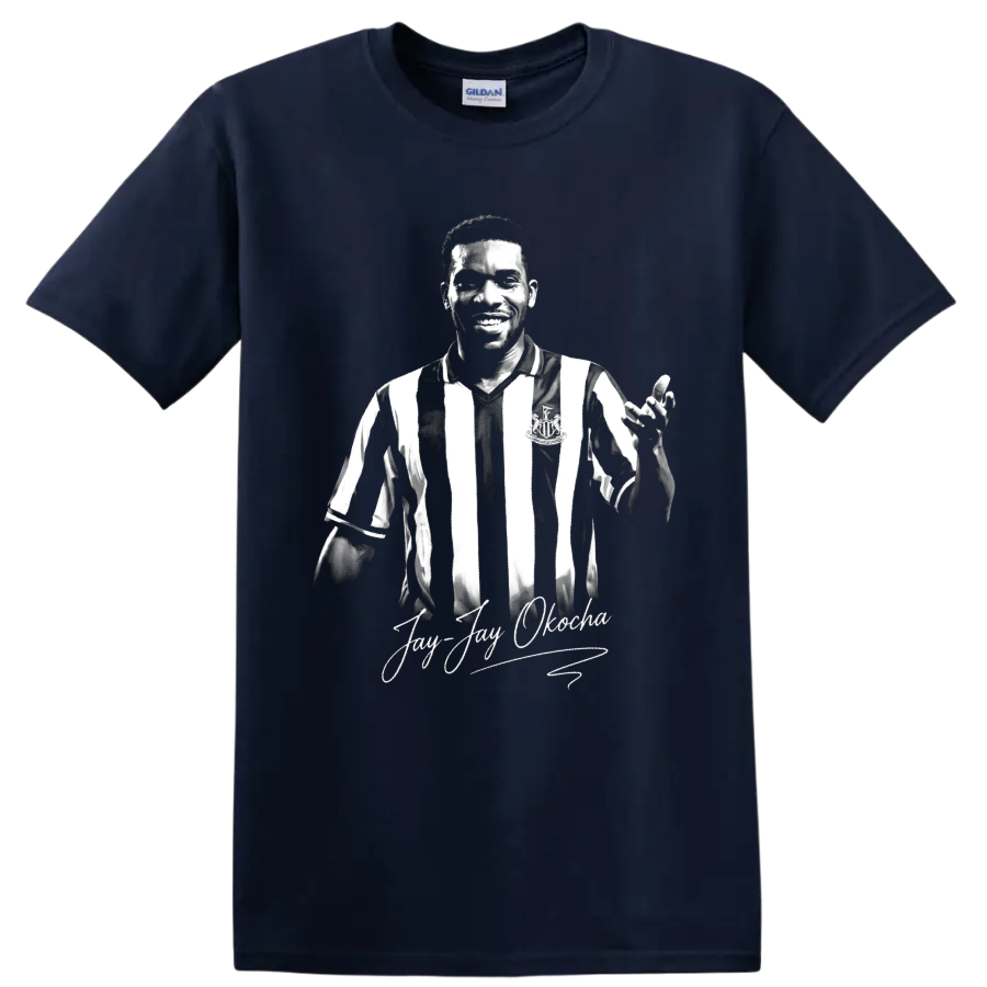 Jay-Jay Okocha monochrome soccer portrait with striped jersey and signature script on a Navy (Blue) T Shirt