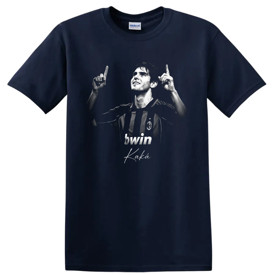 Kaká AC Milan monochrome portrait with raised hands and signature-style script on a Navy (Blue) T Shirt