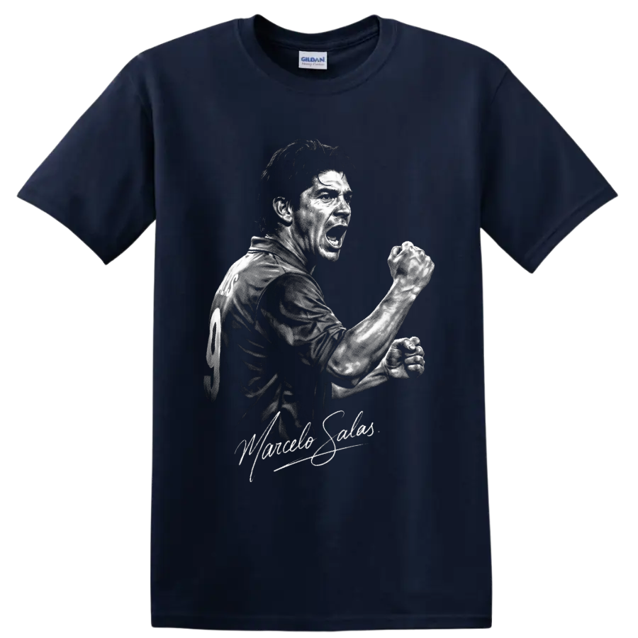Marcelo Salas monochrome soccer striker portrait with clenched-fist celebration on a Navy (Blue) T Shirt