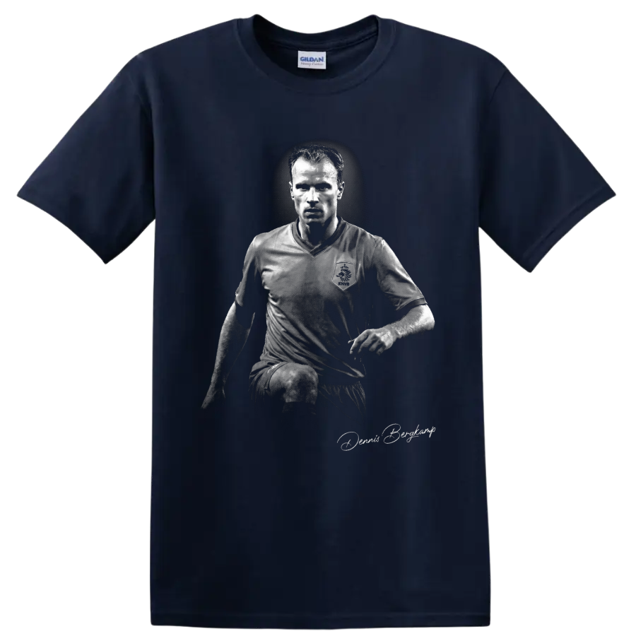 Dennis Bergkamp monochrome Netherlands soccer portrait with signature-style script on a Navy (Blue) T Shirt