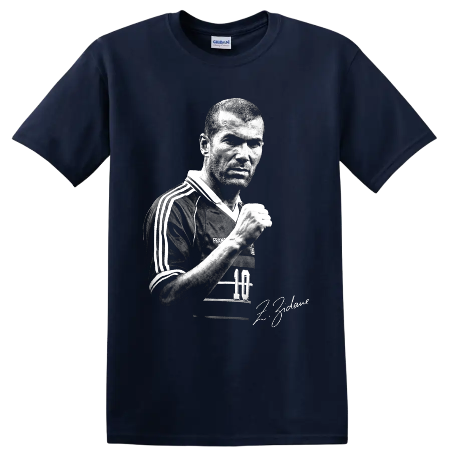 Zinedine Zidane black-and-white France soccer portrait with number 10 and signature on a Navy (Blue) T Shirt