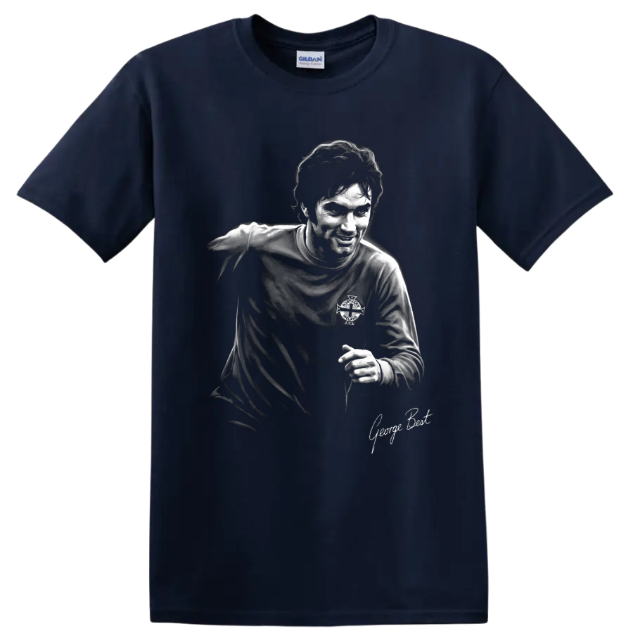 George Best Northern Irish soccer portrait in high-contrast monochrome art on a Navy (Blue) T Shirt