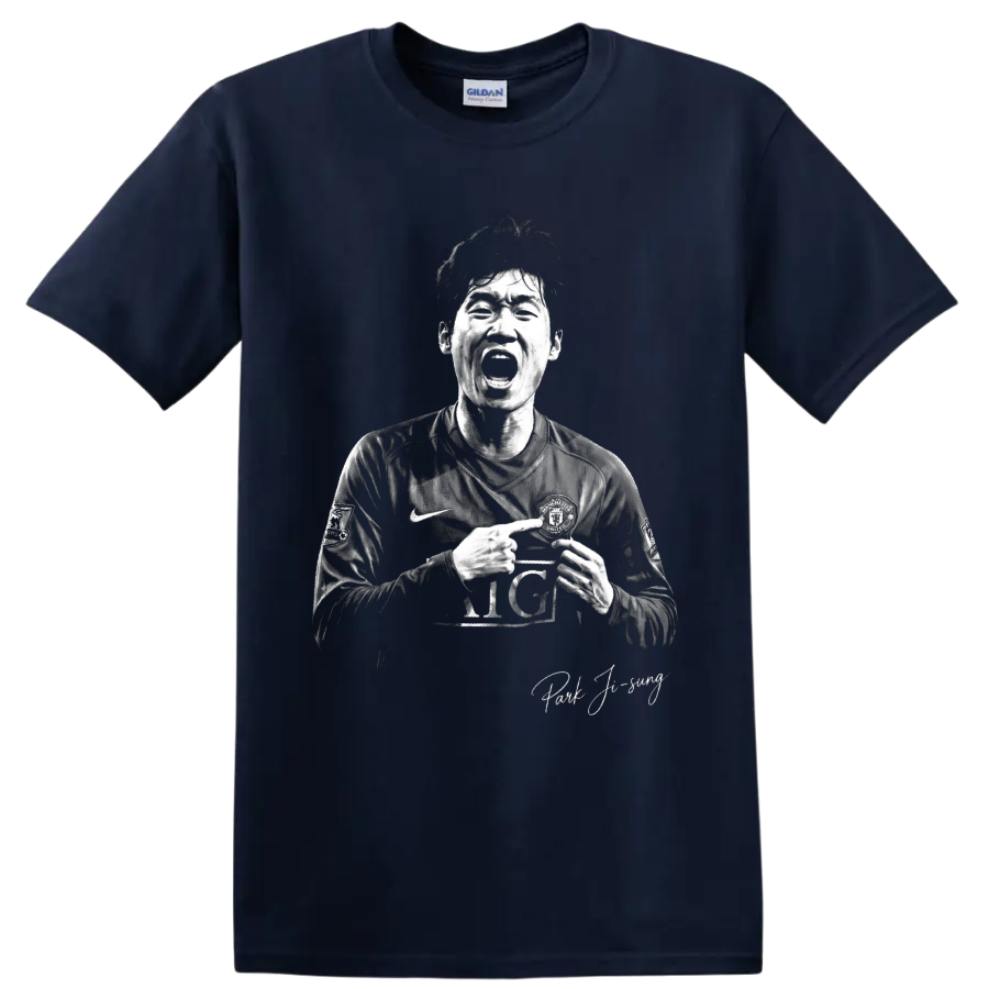 Park Ji-sung Manchester United soccer portrait in dramatic monochrome poster style on a Navy (Blue) T Shirt