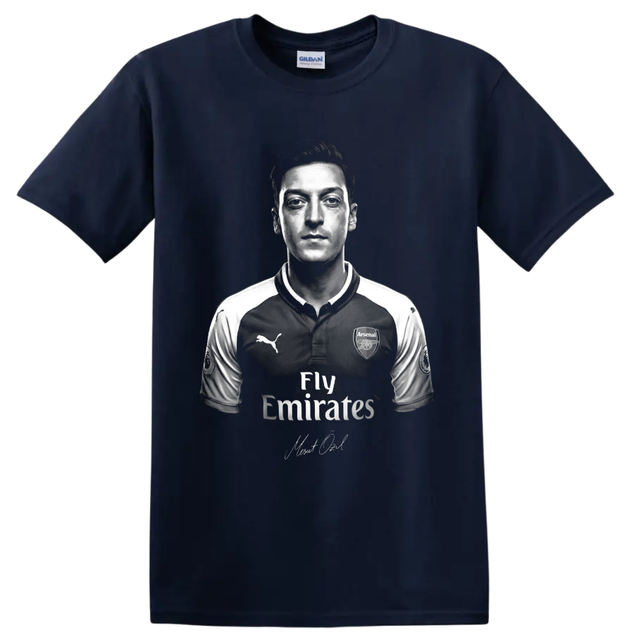 Mesut Ozil Arsenal soccer portrait in dramatic black-and-white graphic art on a Navy (Blue) T Shirt
