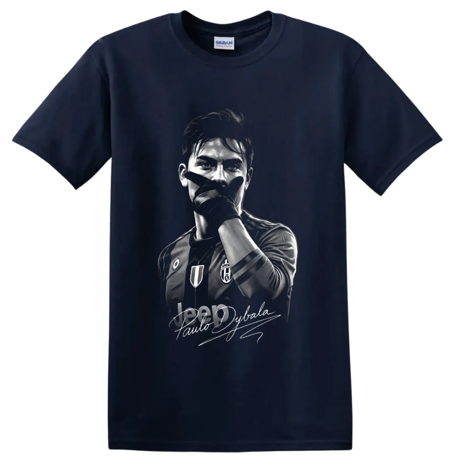 Paulo Dybala monochrome soccer portrait with mask-style celebration pose and signature on a Navy (Blue) T Shirt