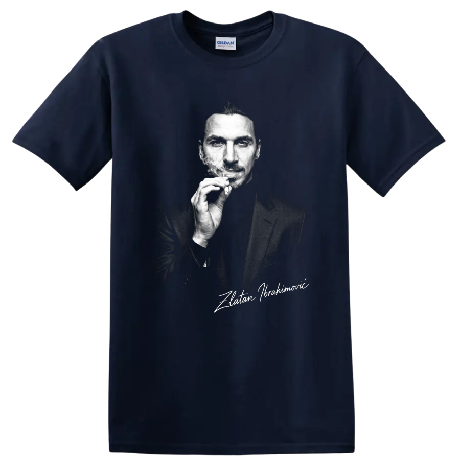 Zlatan Ibrahimović black-and-white smoking portrait with signature-style text on a Navy (Blue) T Shirt