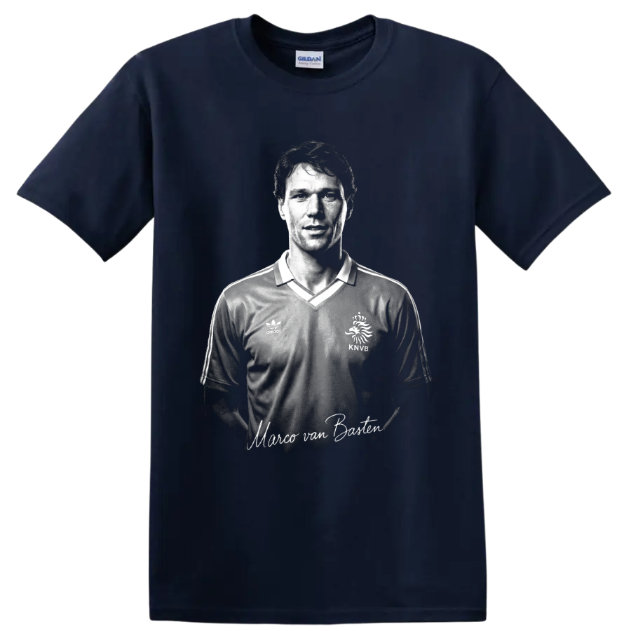 Monochrome Marco van Basten Dutch soccer portrait with signature-style lettering on a Navy (Blue) T Shirt