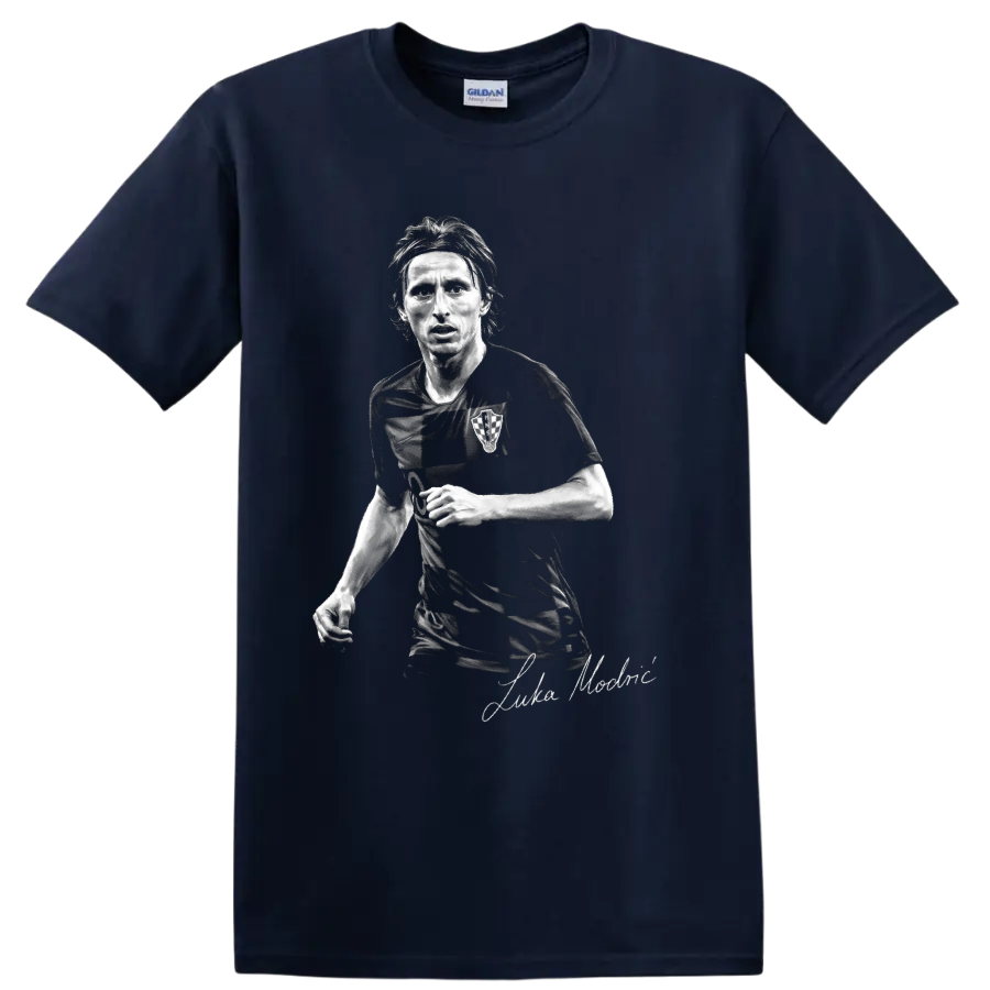Luka Modric Croatia soccer midfielder grayscale portrait with signature-style script on a Navy (Blue) T Shirt
