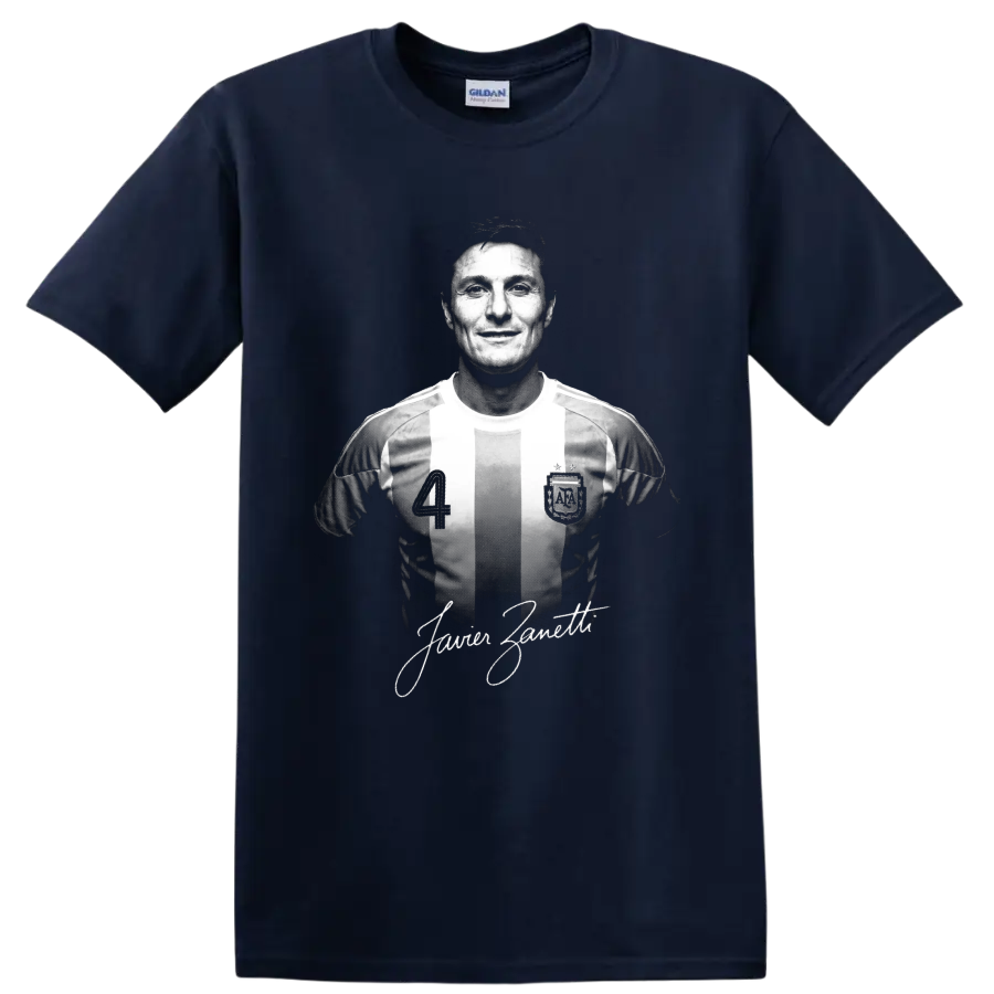 Javier Zanetti monochrome soccer portrait in striped number 4 jersey with signature on a Navy (Blue) T Shirt