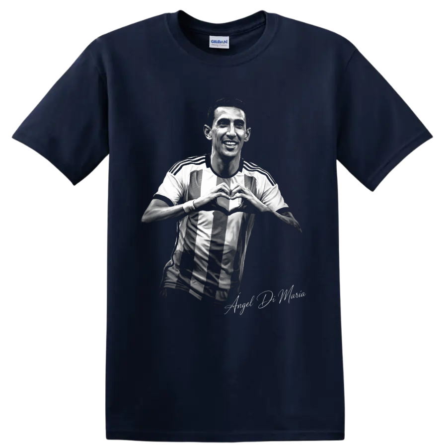 Ángel Di María monochrome soccer portrait making a heart gesture in a striped jersey on a Navy (Blue) T Shirt