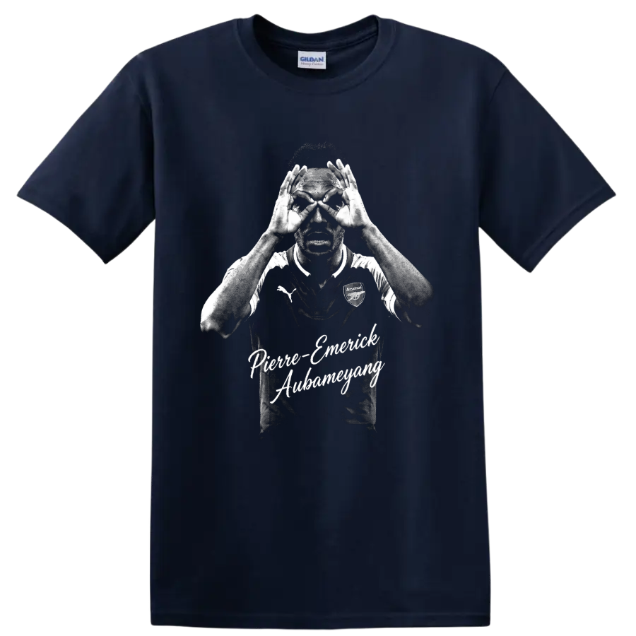 Pierre-Emerick Aubameyang Arsenal binocular celebration distressed portrait with script on a Navy (Blue) T Shirt