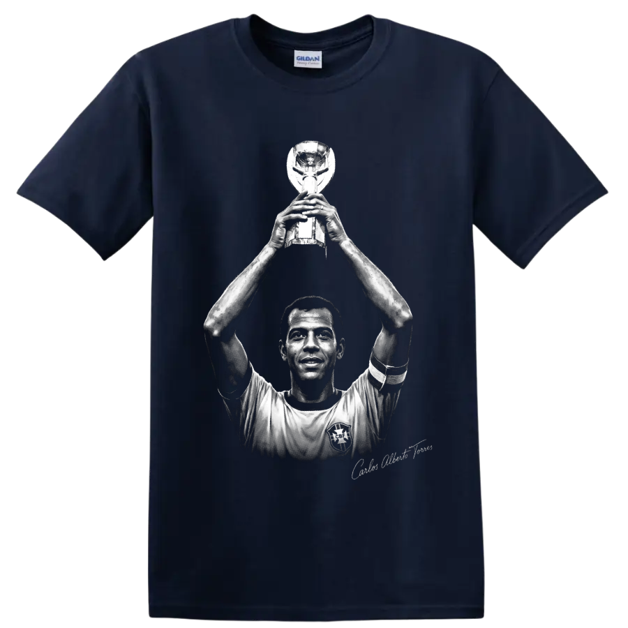 Carlos Alberto Torres lifting trophy in monochrome Brazilian soccer portrait artwork on a Navy (Blue) T Shirt