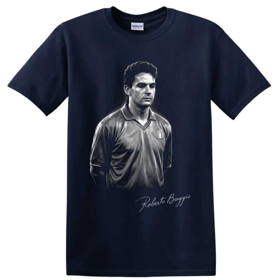 Monochrome Roberto Baggio Italy soccer portrait with signature-style lettering on a Navy (Blue) T Shirt