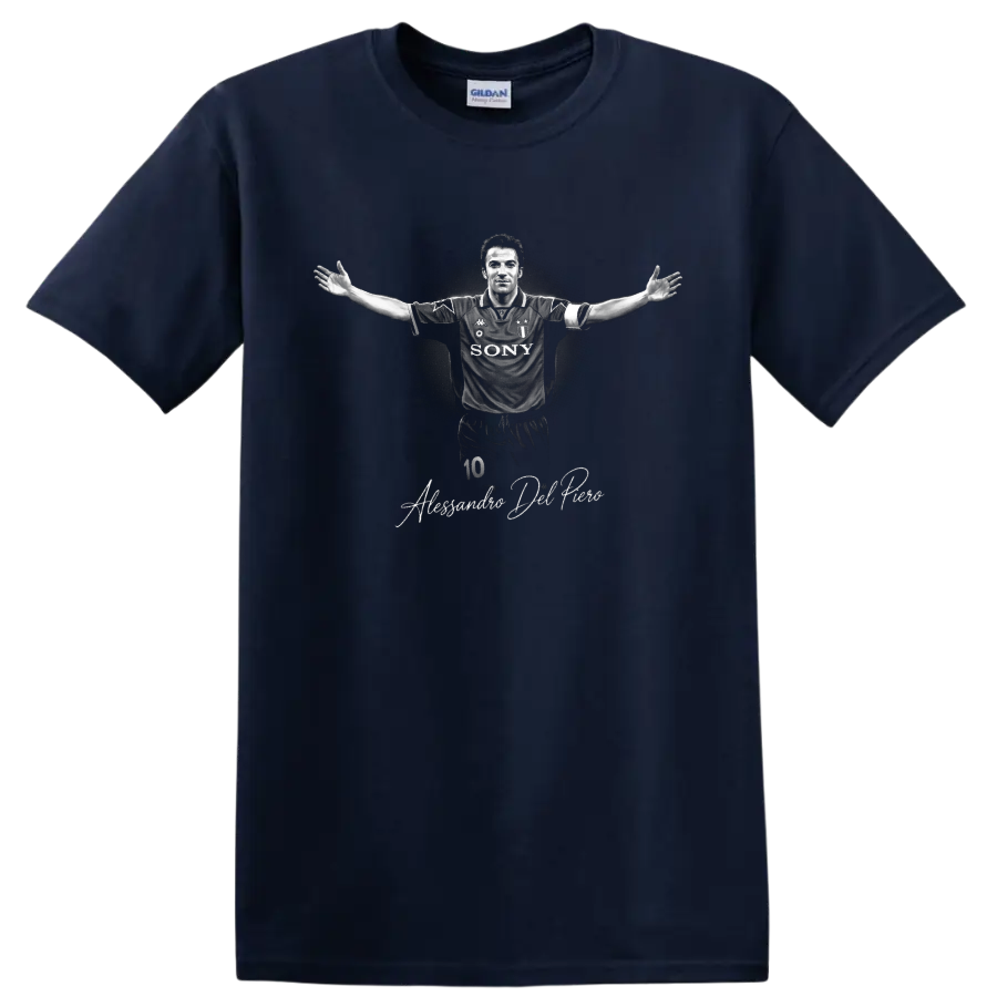 Alessandro Del Piero Juventus number 10 monochrome soccer portrait with signature on a Navy (Blue) T Shirt