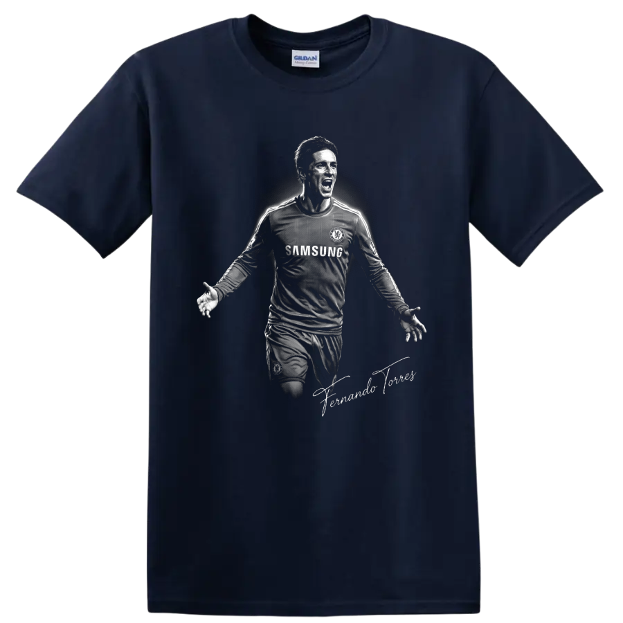 Fernando Torres Chelsea soccer celebration portrait in dramatic monochrome artwork on a Navy (Blue) T Shirt
