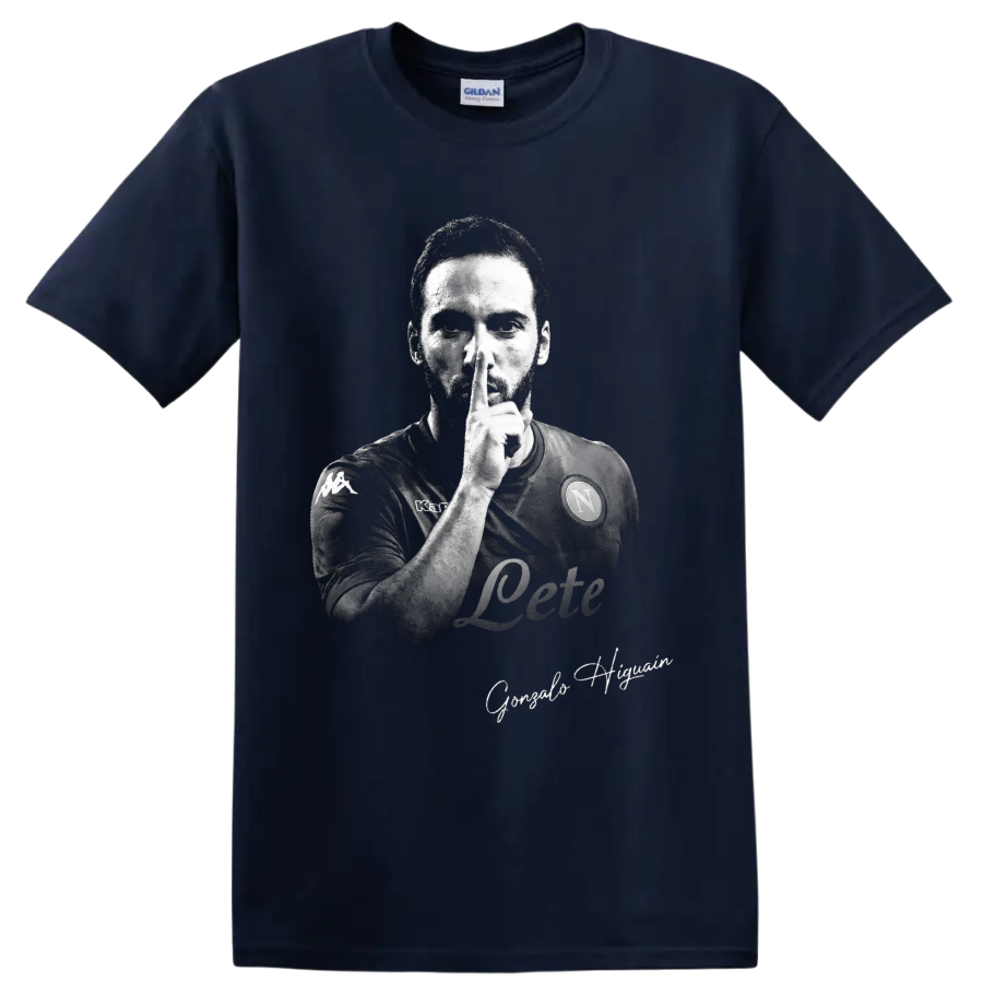 Gonzalo Higuain monochrome soccer portrait making a shushing gesture on a Navy (Blue) T Shirt