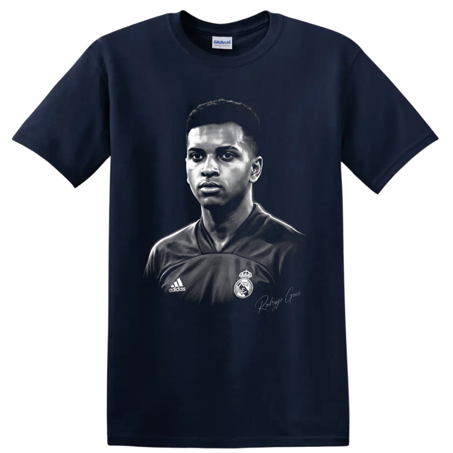 Rodrygo Goes monochrome soccer portrait in Real Madrid jersey with signature on a Navy (Blue) T Shirt