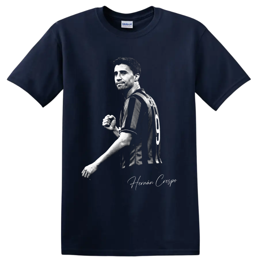 Hernan Crespo soccer portrait in striped number 9 jersey with signature-style script on a Navy (Blue) T Shirt