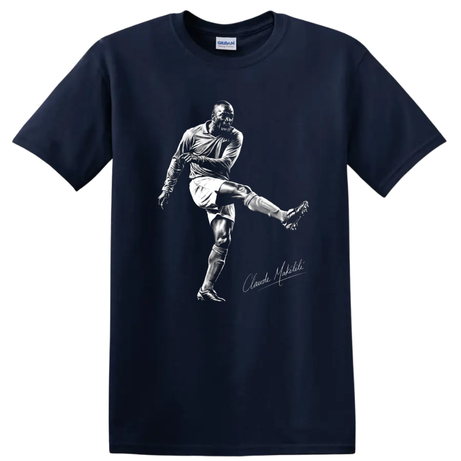 Claude Makelele soccer player kicking in a high-contrast monochrome sketch design on a Navy (Blue) T Shirt