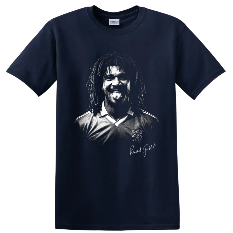 Distressed black-and-white Ruud Gullit soccer portrait with signature on a Navy (Blue) T Shirt