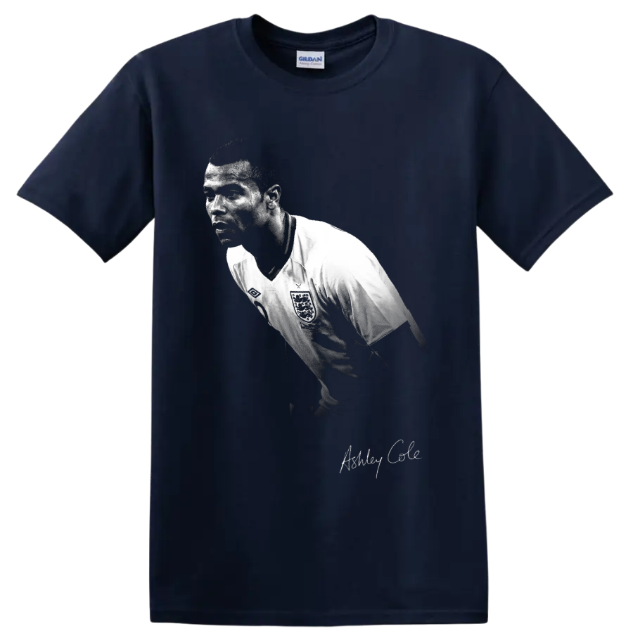 Ashley Cole England soccer defender portrait in distressed black-and-white style on a Navy (Blue) T Shirt