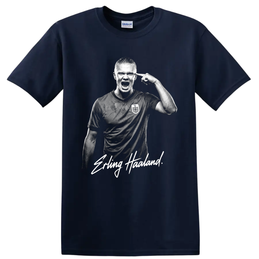Erling Haaland Norway soccer portrait with signature-style name lettering on a Navy (Blue) T Shirt
