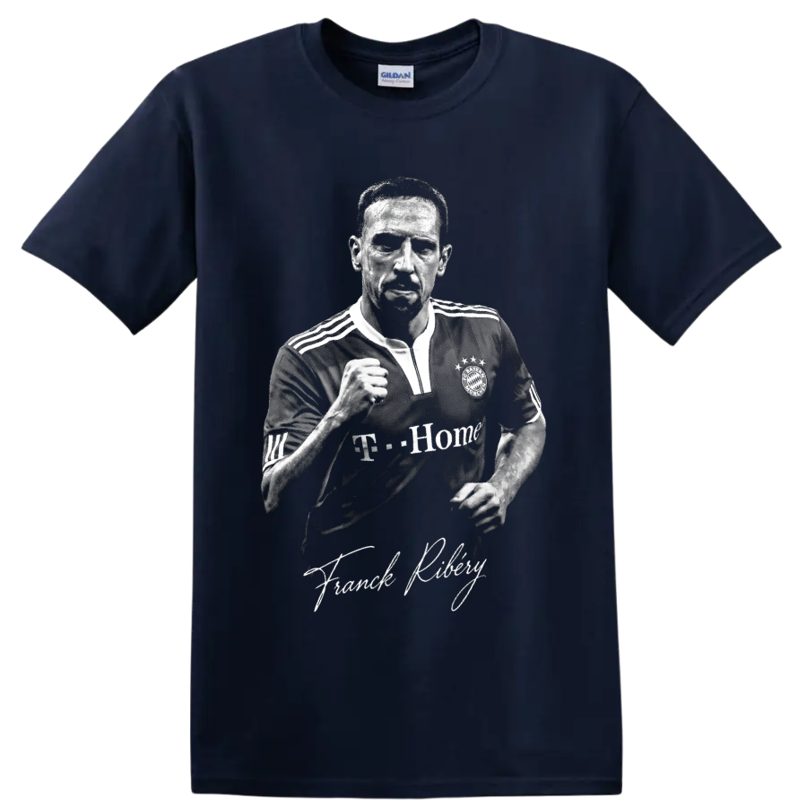 Franck Ribery Bayern Munich black-and-white soccer portrait with signature lettering on a Navy (Blue) T Shirt
