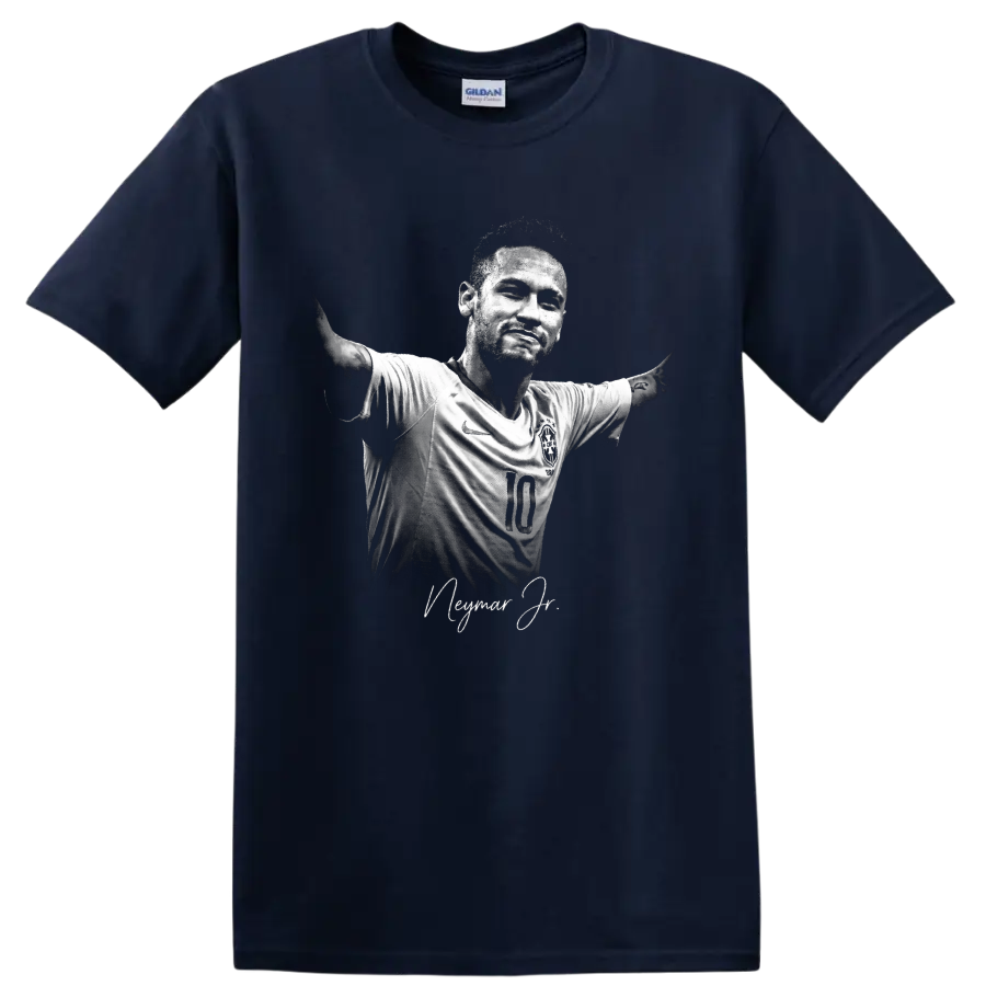 Neymar Jr Brazil number 10 soccer portrait with arms out and signature-style text on a Navy (Blue) T Shirt