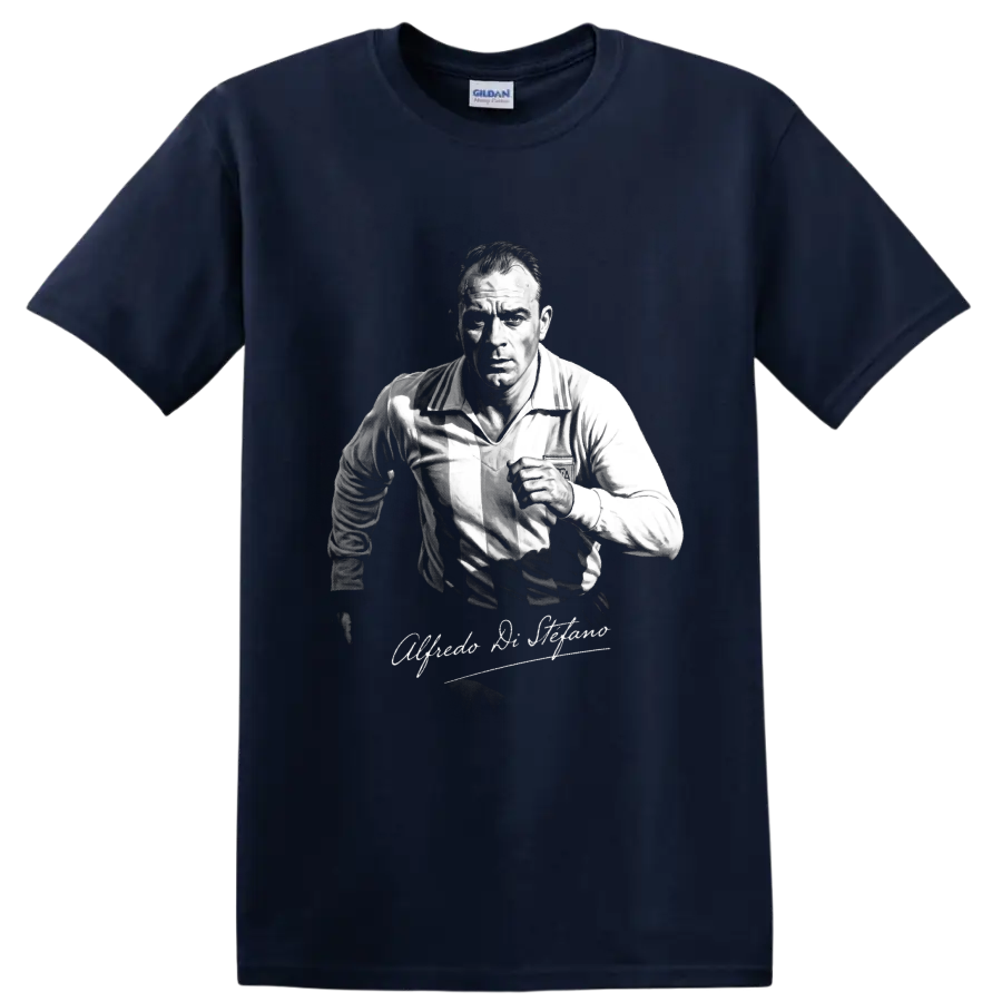 Alfredo Di Stéfano soccer portrait in vintage black-and-white style with signature script on a Navy (Blue) T Shirt