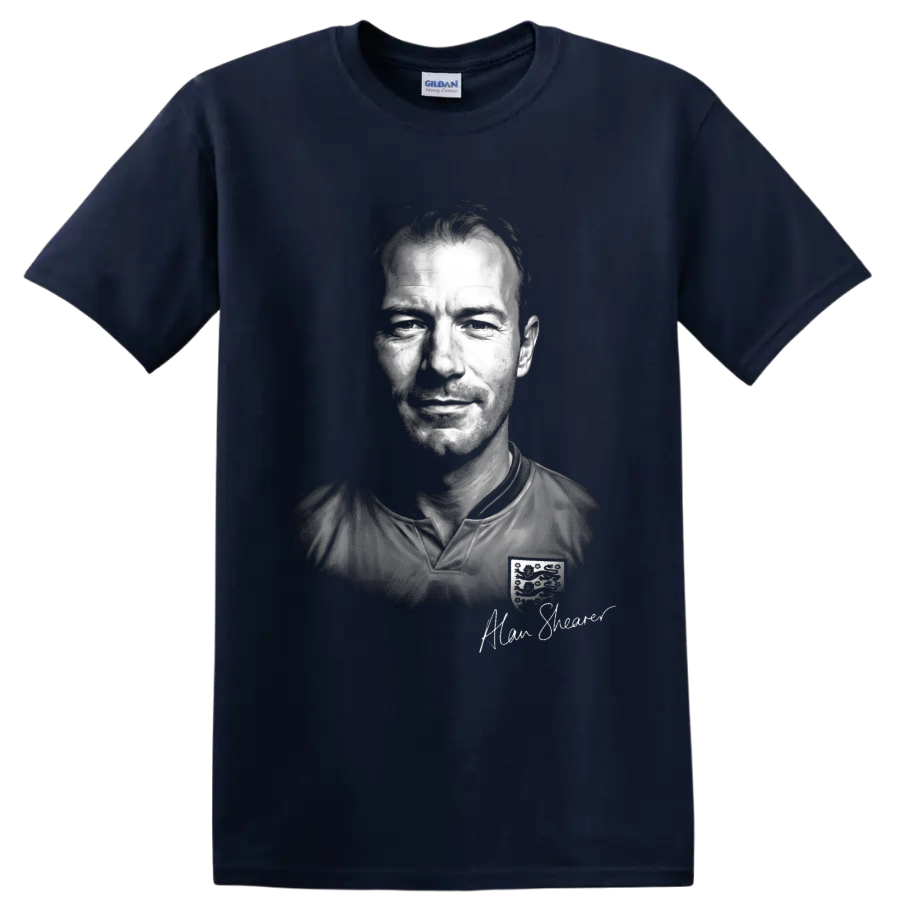 Alan Shearer black-and-white England soccer portrait with signature-style text on a Navy (Blue) T Shirt