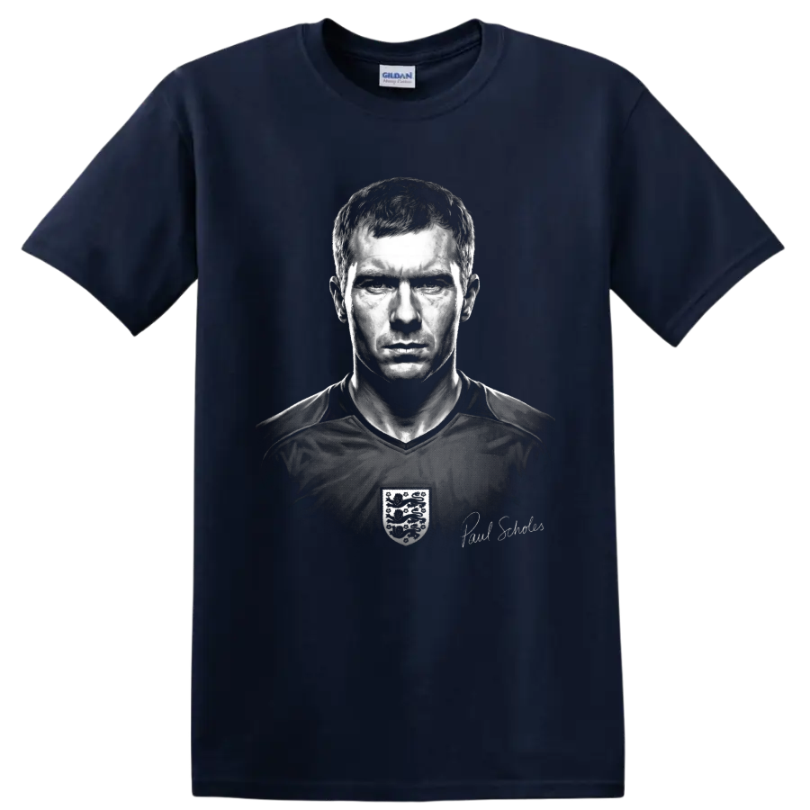 Paul Scholes monochrome soccer portrait with England crest and signature detail on a Navy (Blue) T Shirt