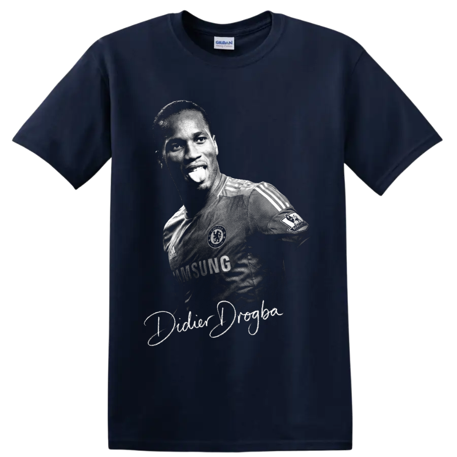 Didier Drogba Chelsea soccer portrait in vintage black-and-white with cursive name on a Navy (Blue) T Shirt