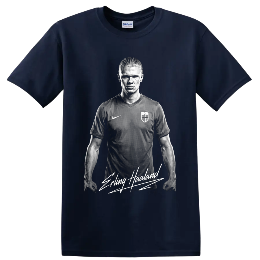 Grayscale Erling Haaland soccer portrait with signature-style lettering on a Navy (Blue) T Shirt