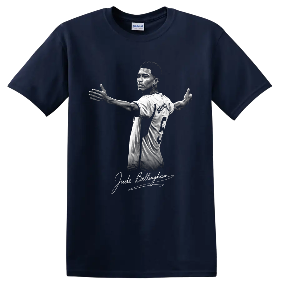 Jude Bellingham grayscale Real Madrid number 5 portrait with signature-style lettering on a Navy (Blue) T Shirt