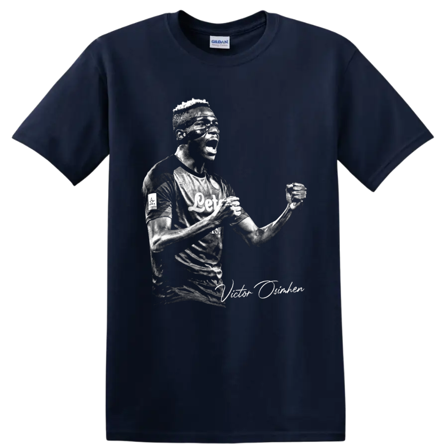 Victor Osimhen Napoli soccer celebration portrait with signature-style text on a Navy (Blue) T Shirt