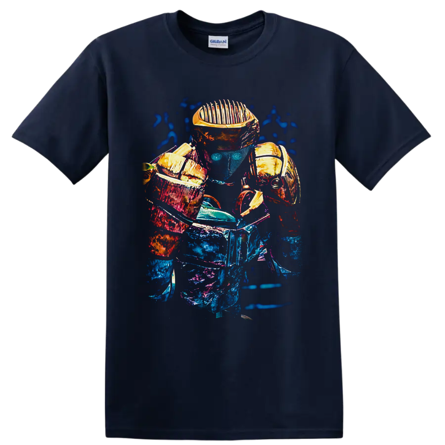 Atom robot boxer from Real Steel in neon metallic futuristic armor on a Navy (Blue) T Shirt