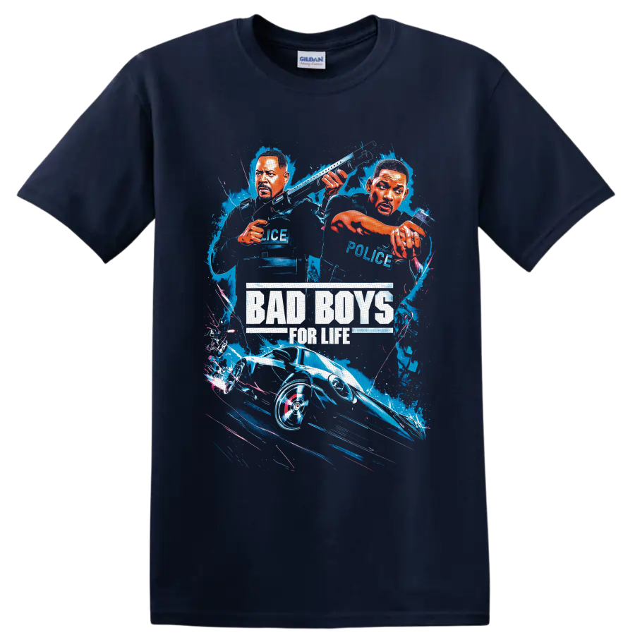 Bad Boys for Life illustrated Mike Lowrey and Marcus Burnett action movie graphic on a Navy (Blue) T Shirt