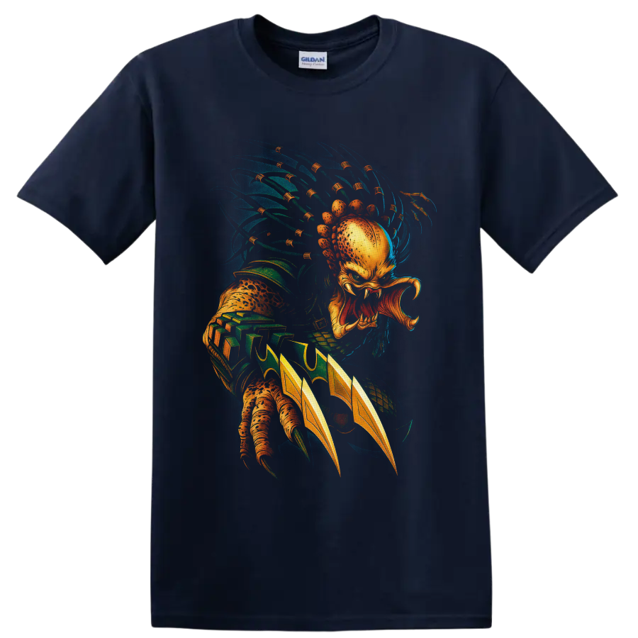 Unmasked Predator alien hunter with mandibles, wrist blades, and retro sci-fi art on a Navy (Blue) T Shirt