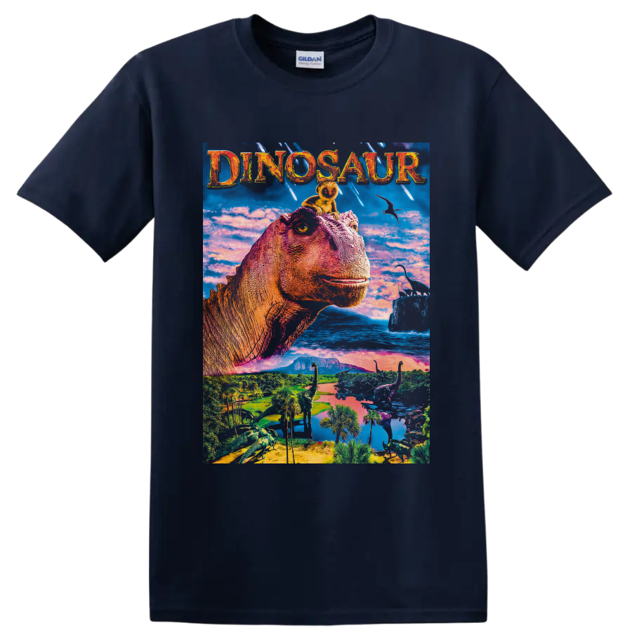 Aladar and Suri Dinosaur movie artwork with a colorful prehistoric valley on a Navy (Blue) T Shirt