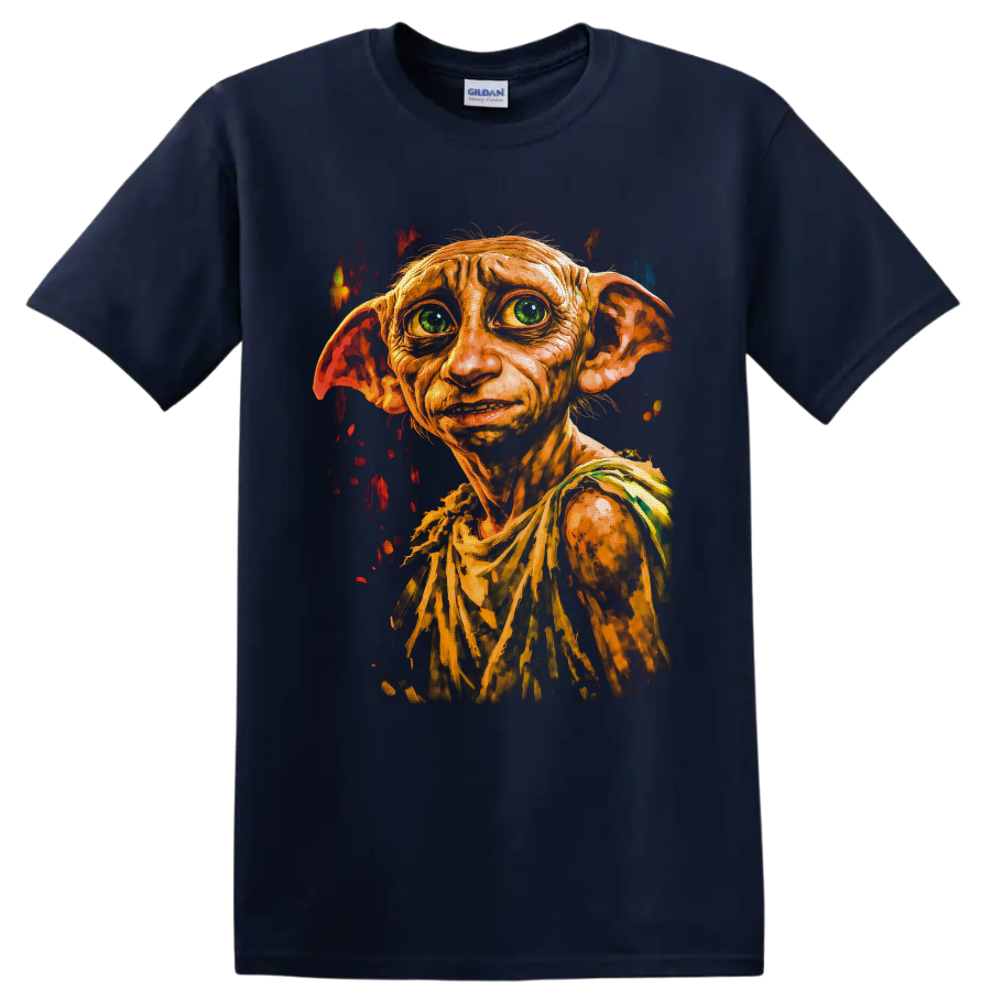 Dobby Harry Potter house elf portrait in dramatic textured fantasy art on a Navy (Blue) T Shirt