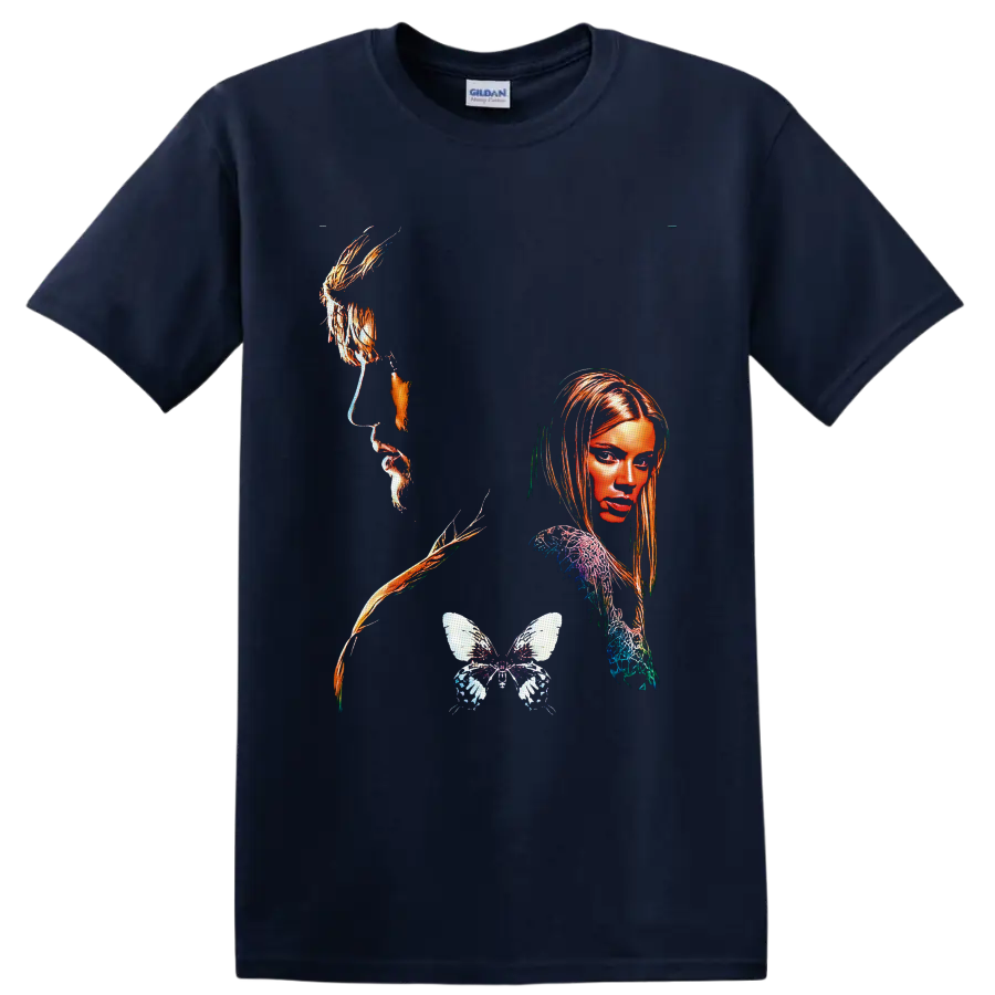 Surreal portrait collage with orange-gold accents and detailed butterfly graphic on a Navy (Blue) T Shirt