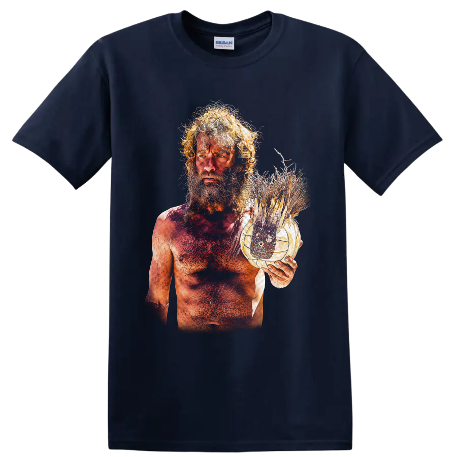 Chuck Noland Cast Away survival portrait with handmade volleyball companion graphic on a Navy (Blue) T Shirt
