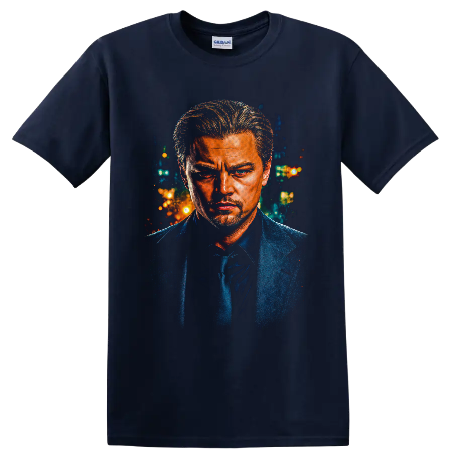 Dominic Cobb as Leonardo DiCaprio in a painterly neon city portrait on a Navy (Blue) T Shirt