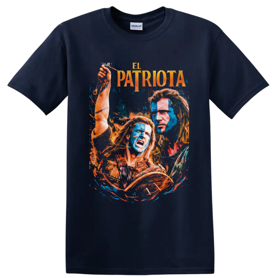 Benjamin Martin with colonial figures in distressed blue and orange The Patriot artwork on a Navy (Blue) T Shirt