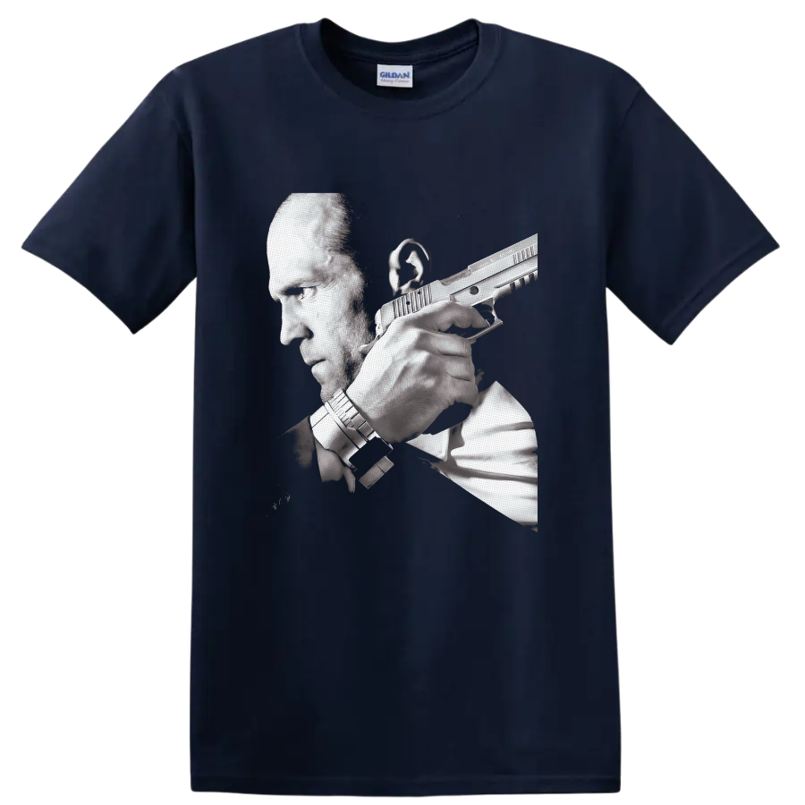 Frank Martin Transporter 3 grayscale action portrait with handgun on a Navy (Blue) T Shirt