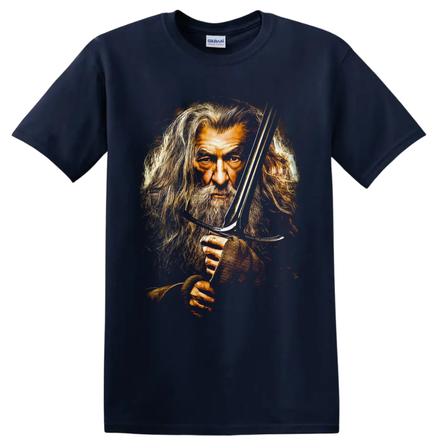 Gandalf portrait with sword in distressed painterly fantasy artwork on a Navy (Blue) T Shirt