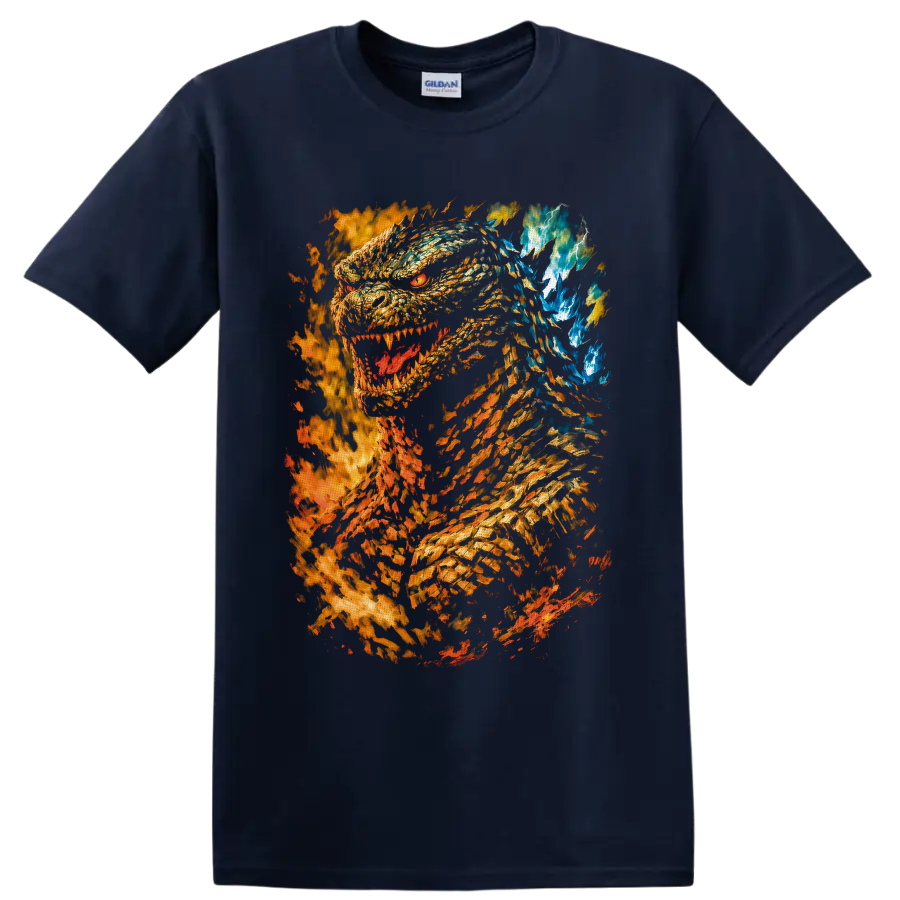Burning Godzilla roaring amid flames, sparks, blue energy, and lightning on a Navy (Blue) T Shirt