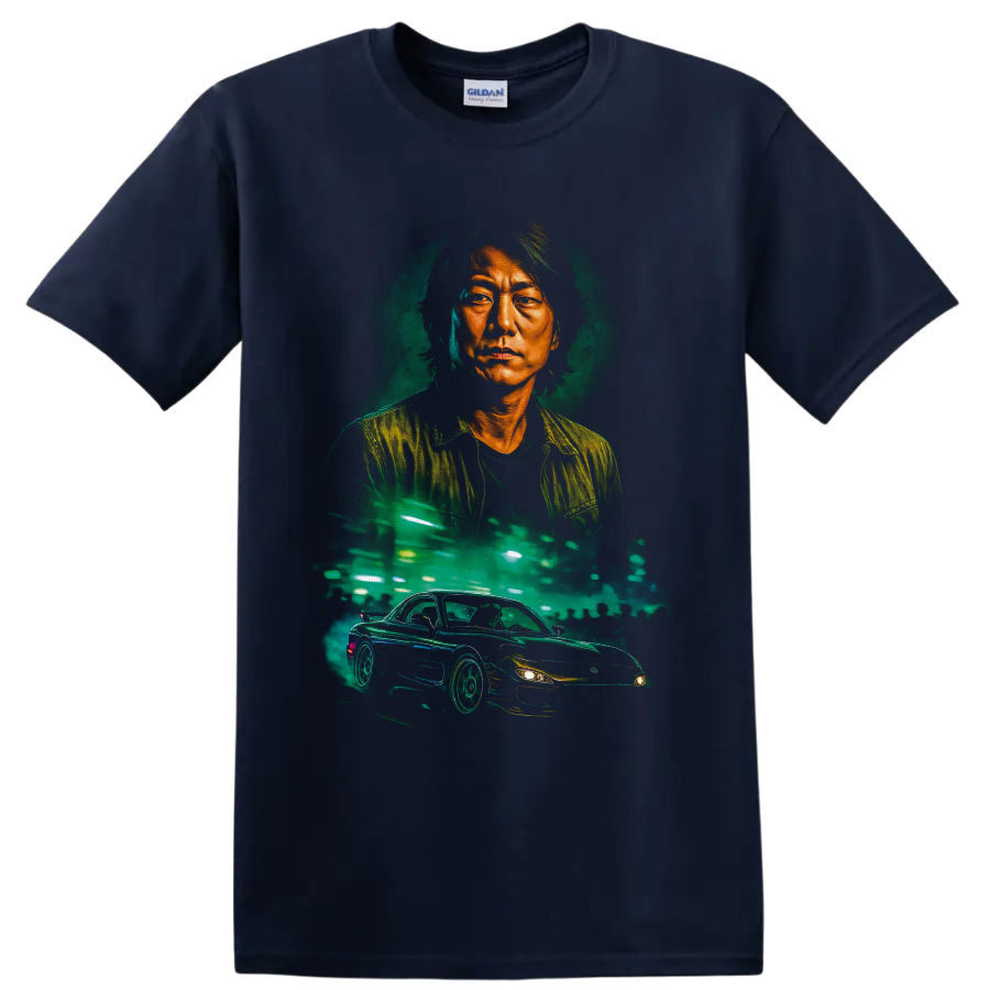 Han Lue neon portrait with a street-racing car and glowing city lights on a Navy (Blue) T Shirt