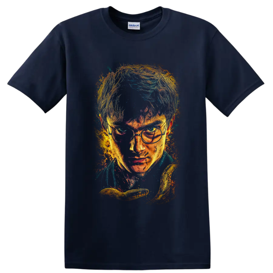 Harry Potter wizard portrait in distressed paint-splatter style with Golden Snitch on a Navy (Blue) T Shirt