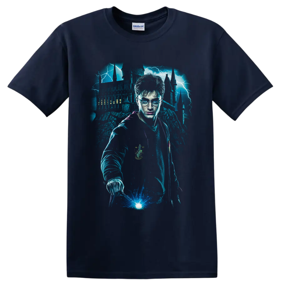 Harry Potter with glowing wand, lightning, and Gothic castle fantasy graphic on a Navy (Blue) T Shirt